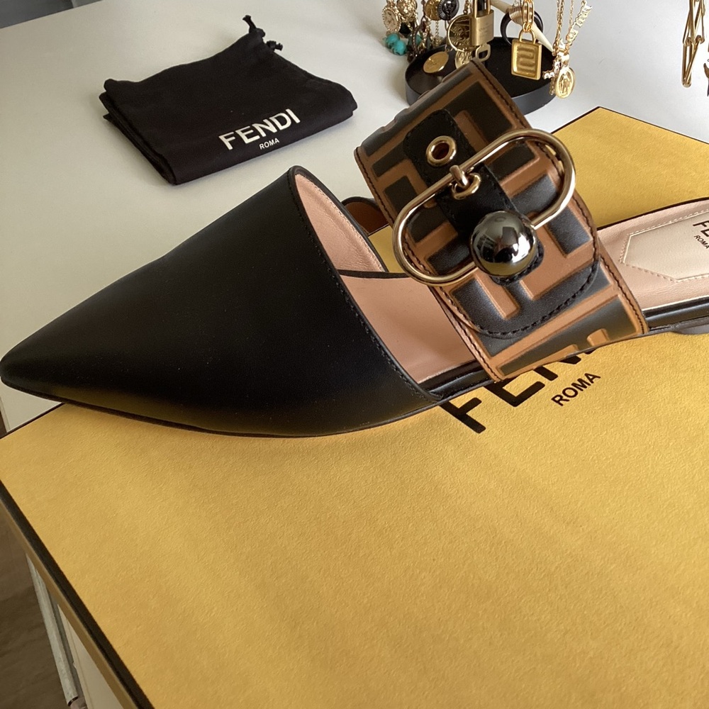 Fendi Black/Brown Zucca Leather Pointed Toe Flat Mule - Picture 11 of 12